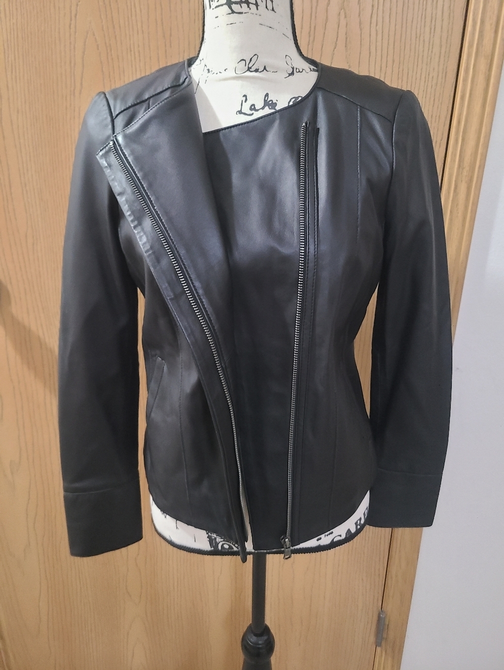 Ecru Black Lamb Leather Bikercore Mobwife Moto Jacket Zipper Blazer - Picture 3 of 6